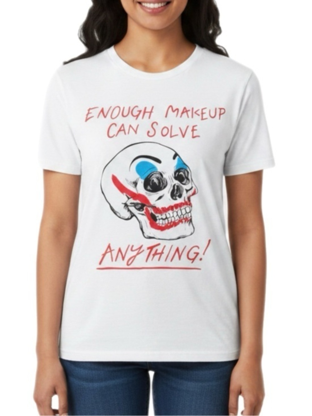Puppy Teeth | Jaik Skull & Makeup Artwork Graphic Print White Short Sleeve Tee‌‍